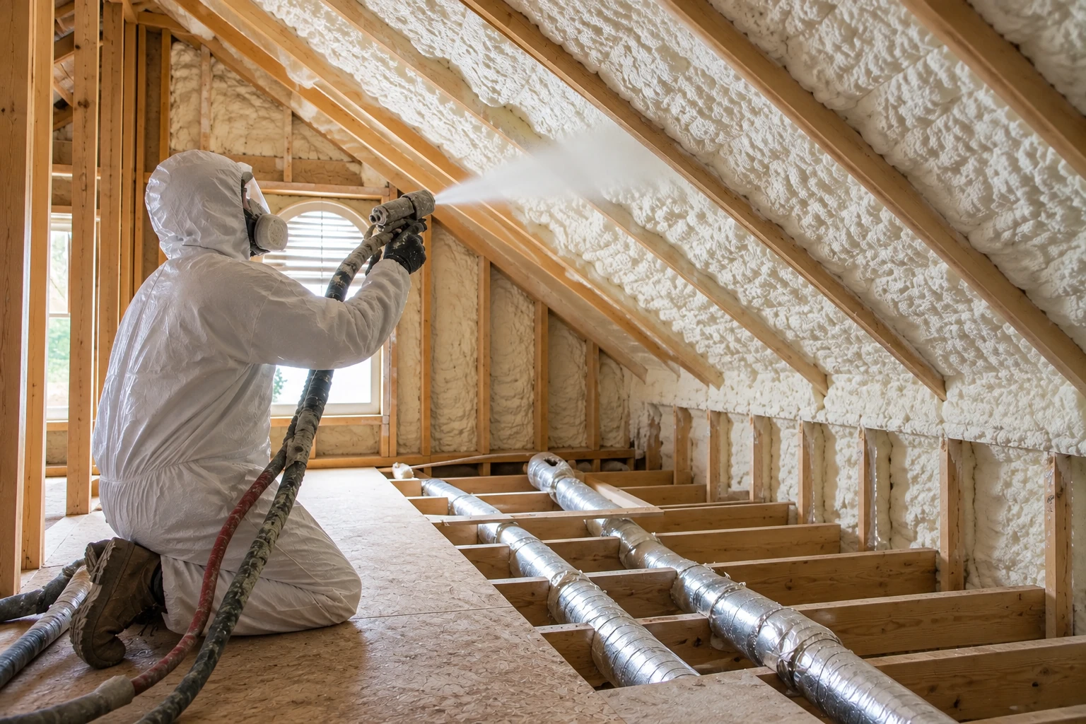 A worker in protective clothing sprays foam insulation onto the sloped roof of an attic.