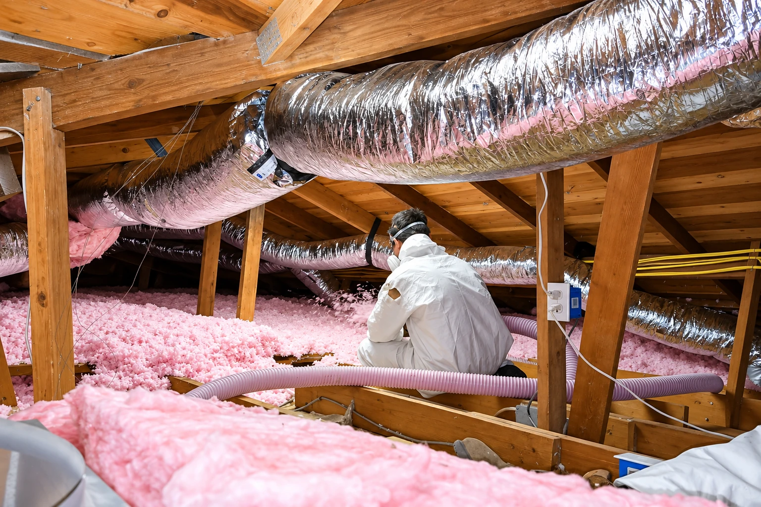 A worker in protective clothing kneels in an attic with pink insulation, large foil-wrapped ducts and a flexible hose.