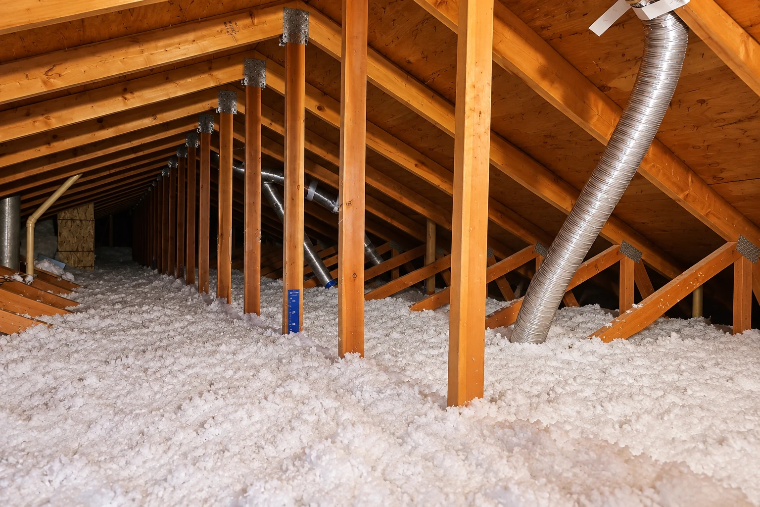 Loose white insulation covers an attic floor beneath wooden rafters, with a large flexible metal duct running overhead.