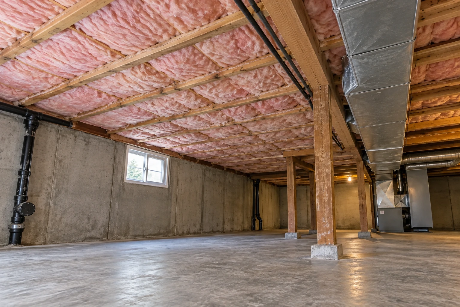 Basement with pink fiberglass insulation between ceiling joists and exposed concrete walls.
