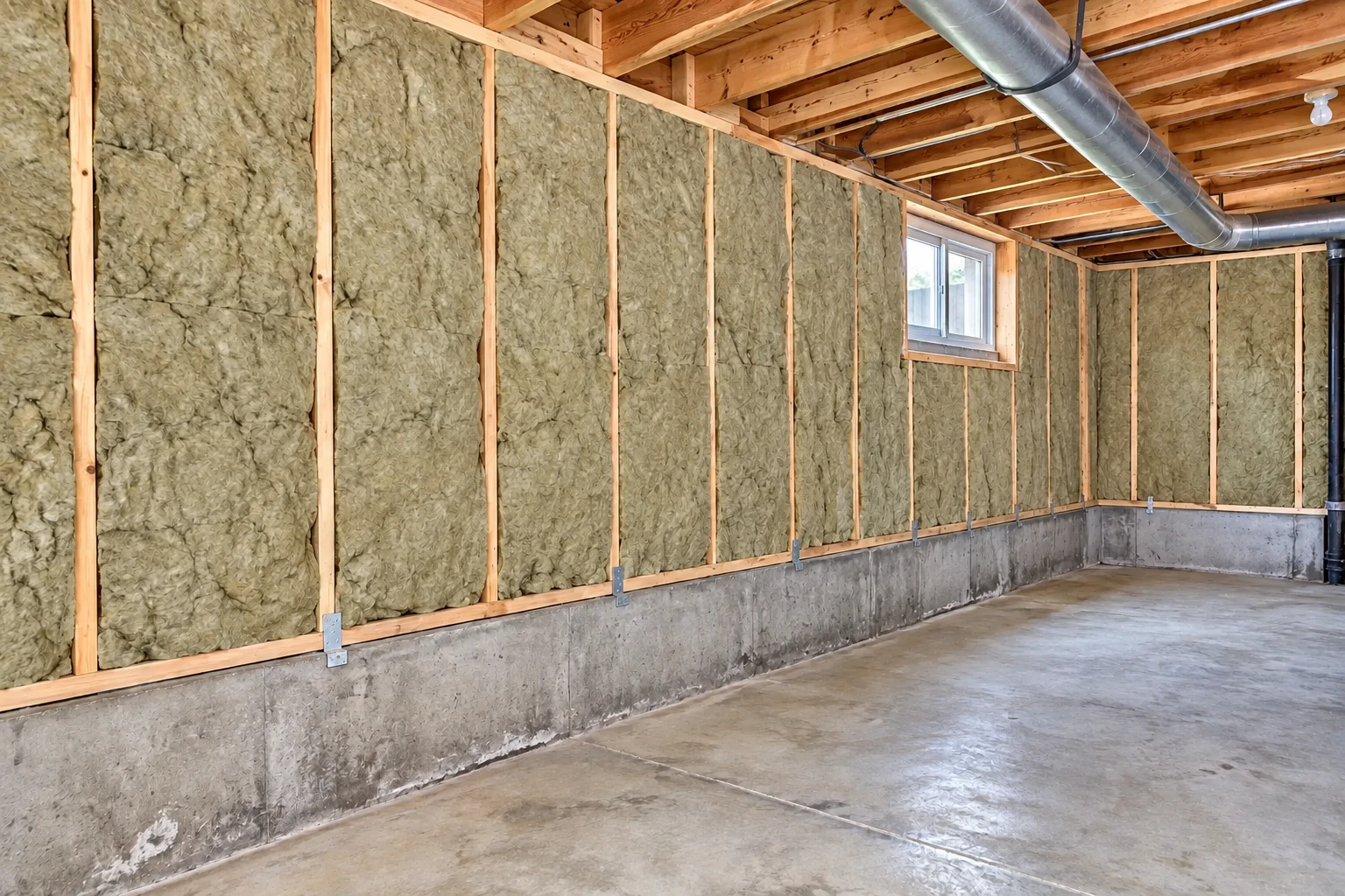 Fiberglass batts fill the framed walls of an unfinished basement beneath exposed ceiling joists and a metal duct.