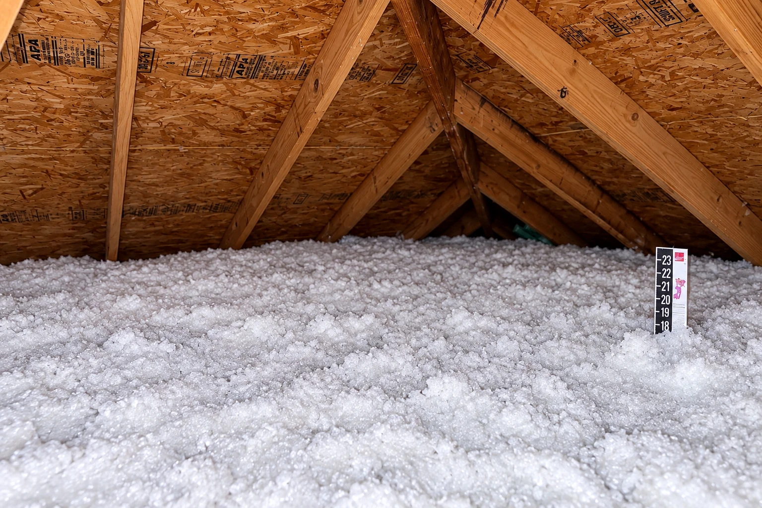Loose white blown-in insulation covers an attic floor beneath exposed wooden roof trusses; a depth gauge stands in the insulation.