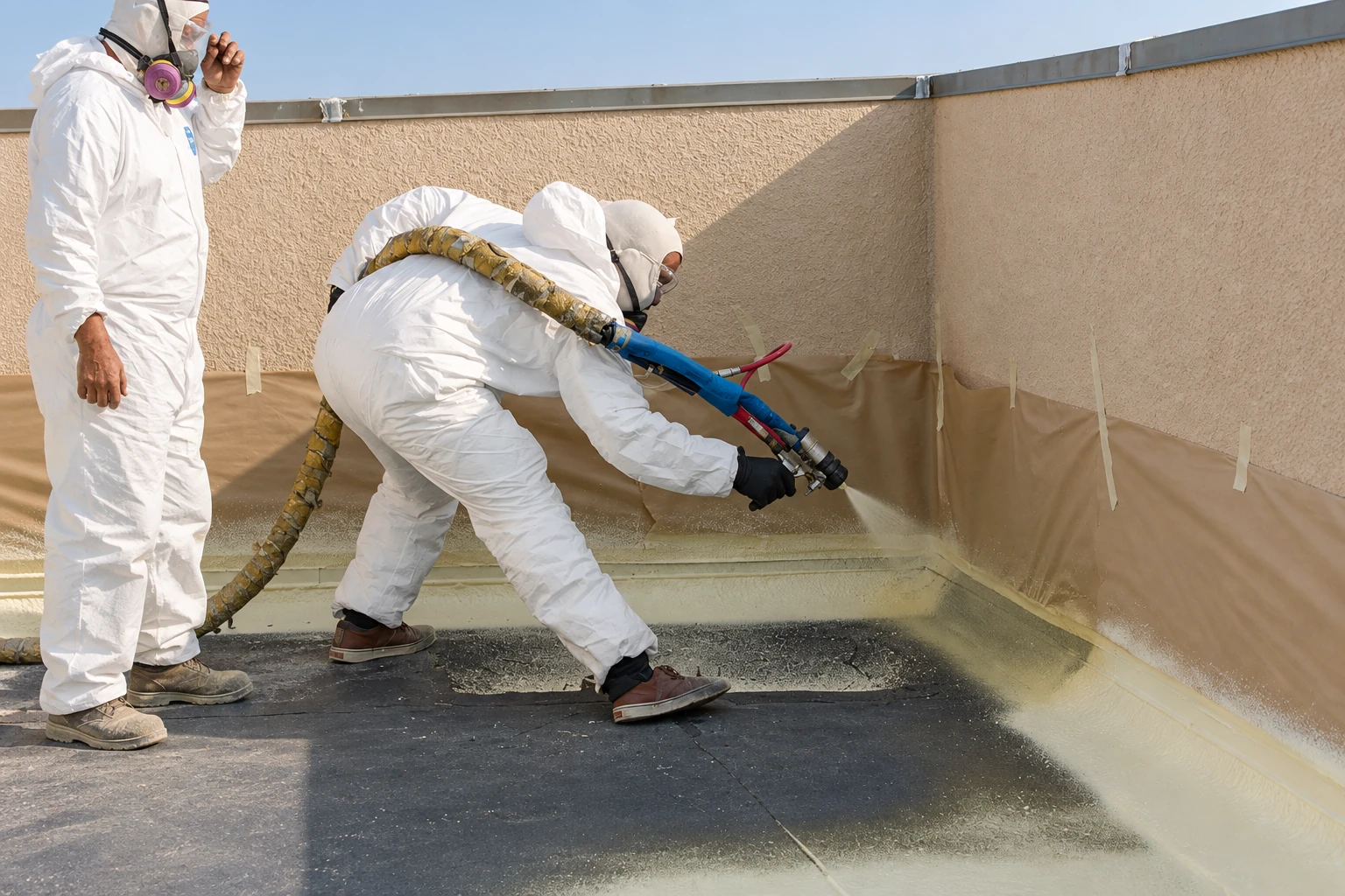 Two workers in protective suits apply closed-cell foam insulation along the base of a rooftop wall.