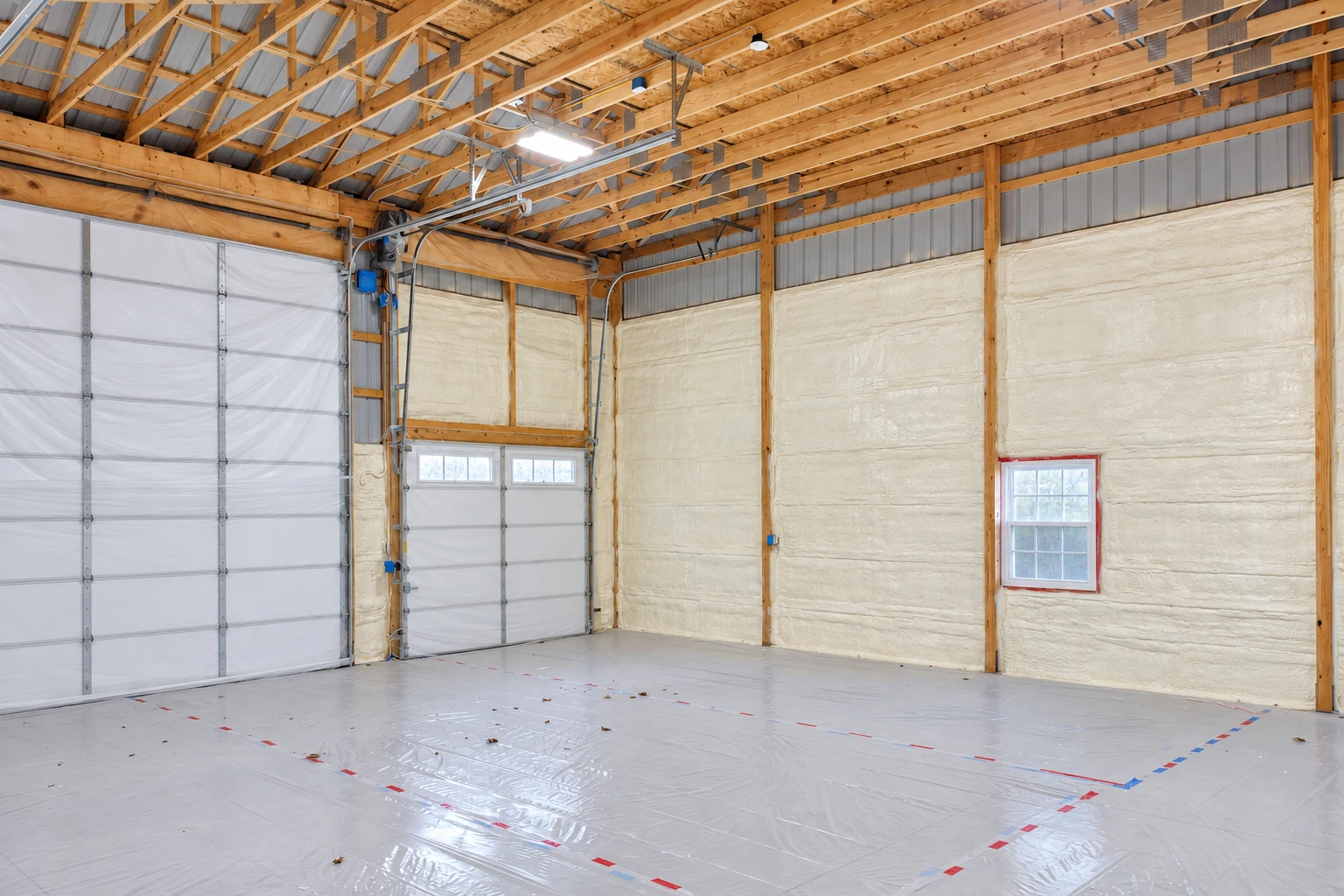 Large commercial building interior with cream spray foam insulation between wall studs and plastic sheeting covering the floor.