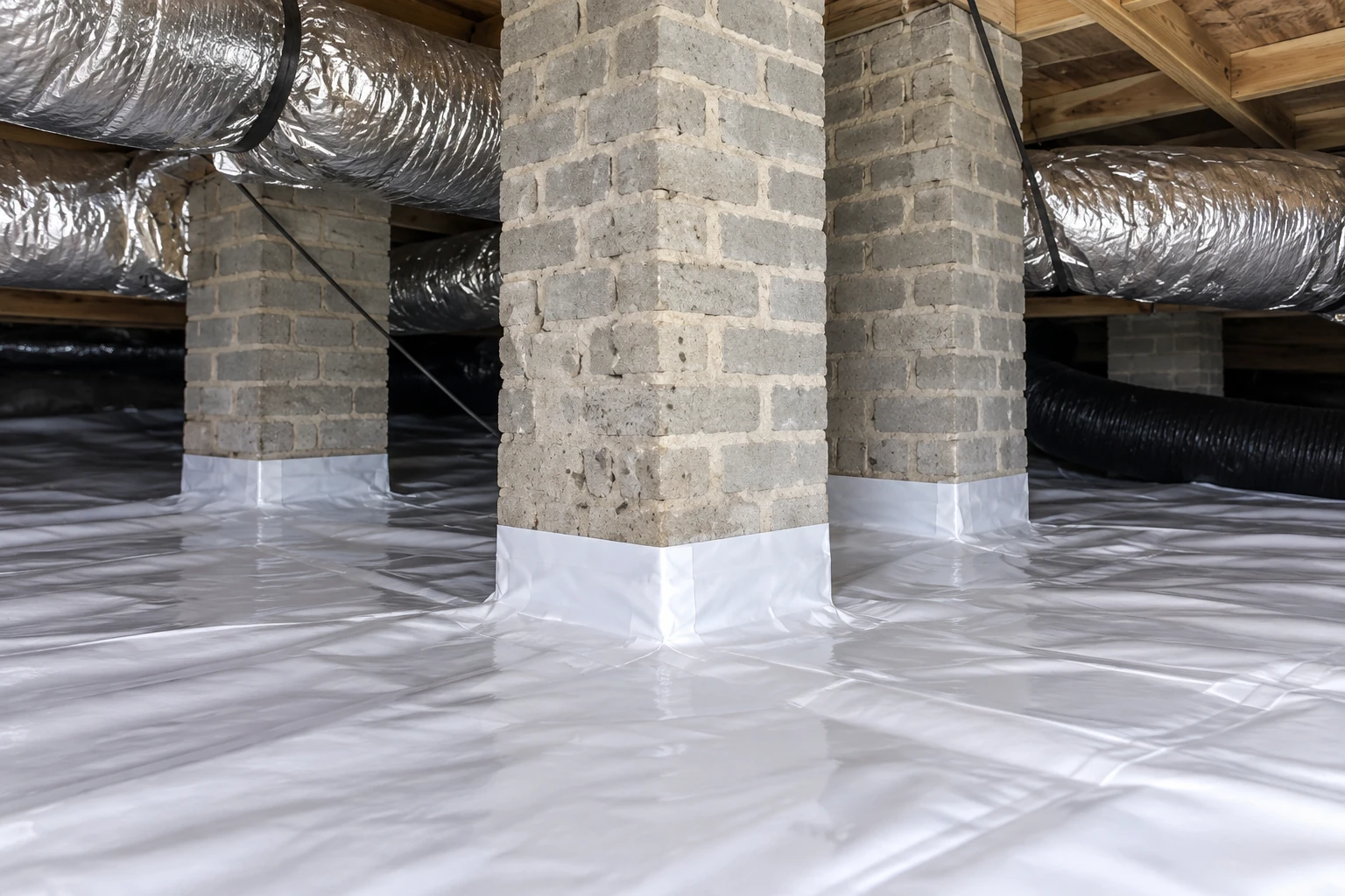 Crawl space with a plastic vapor barrier covering the floor, wrapped around brick piers, and silver ducts overhead.