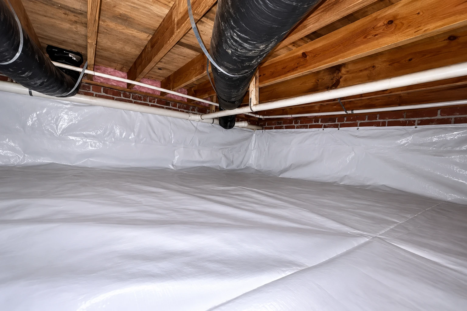 Crawl space with white plastic vapor barrier covering the floor and walls beneath exposed joists, ducts and pipes.