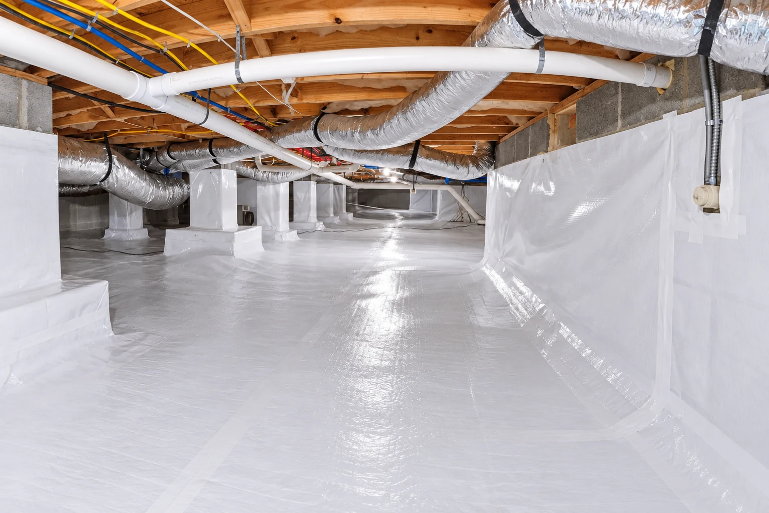 A crawl space has white vapor barrier covering the floor and foundation walls beneath pipes and ducts.