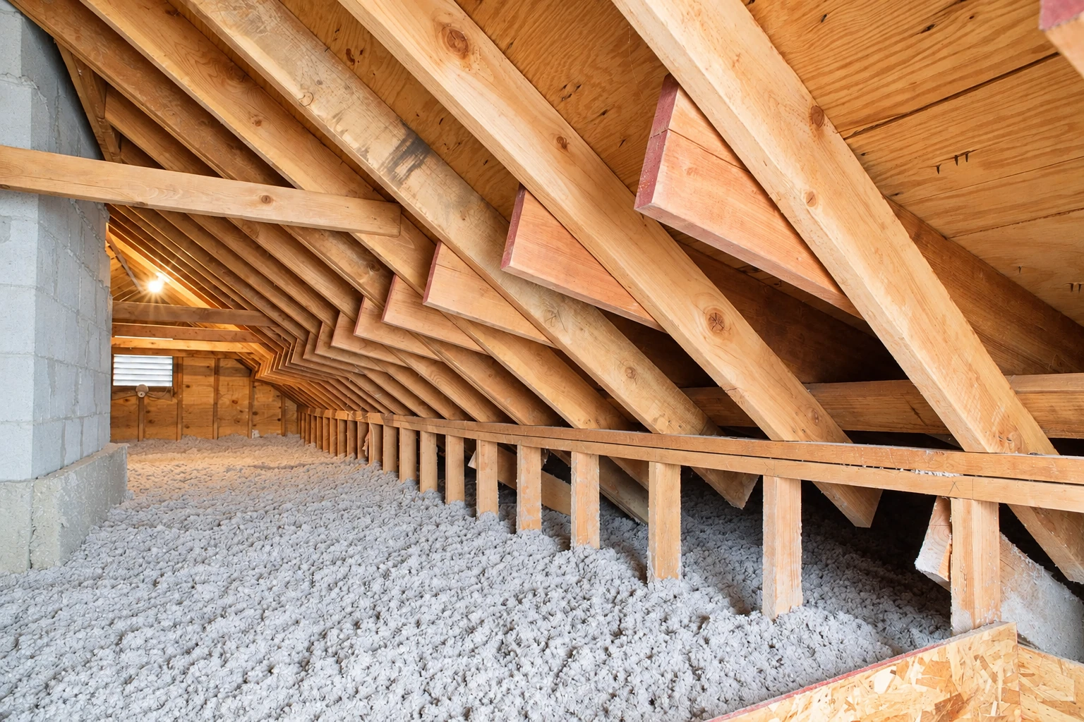 Loose gray insulation covers the floor of an attic with exposed wooden rafters and a concrete block wall.