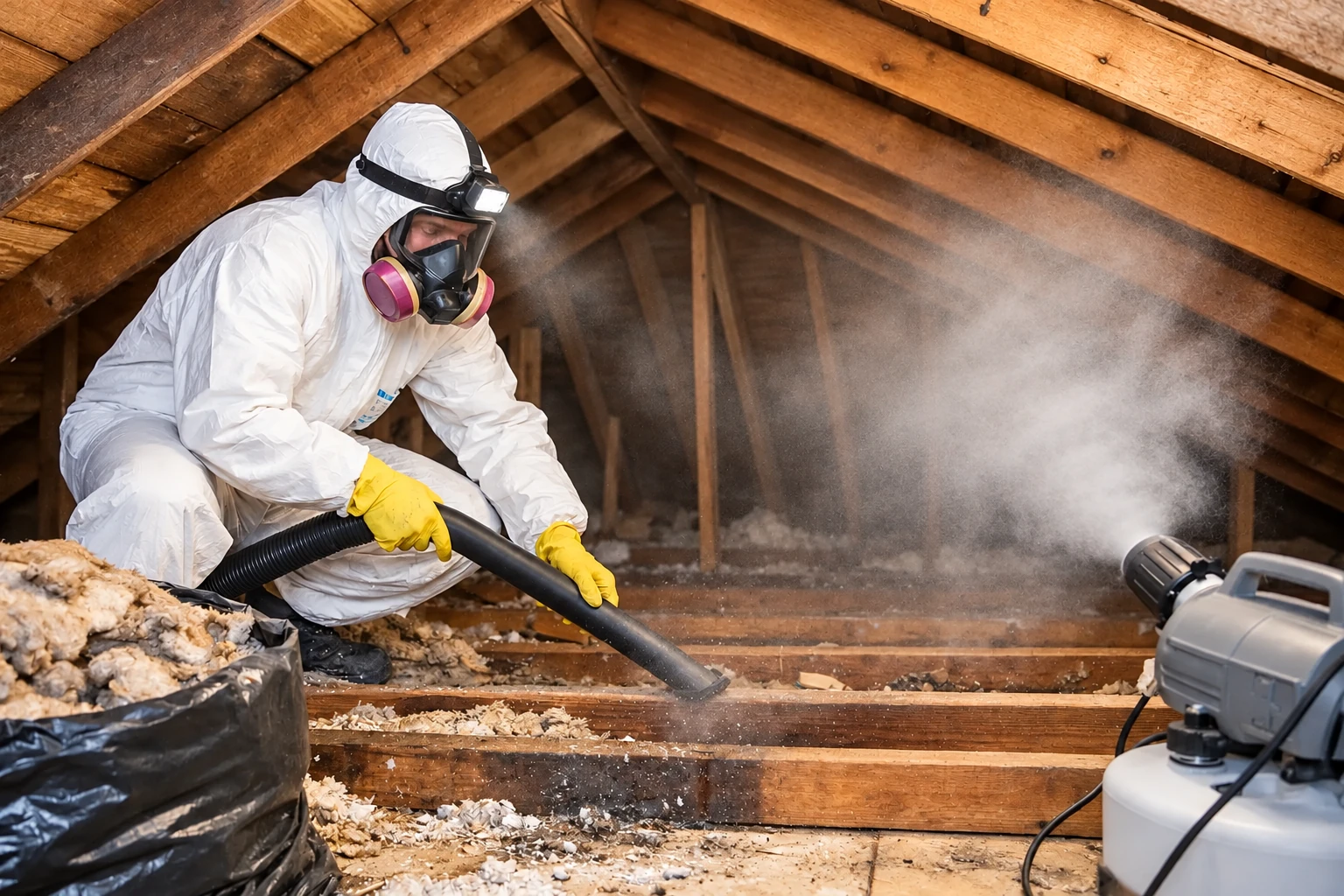 A worker in protective gear vacuums old attic insulation through a hose as dust rises around the equipment.
