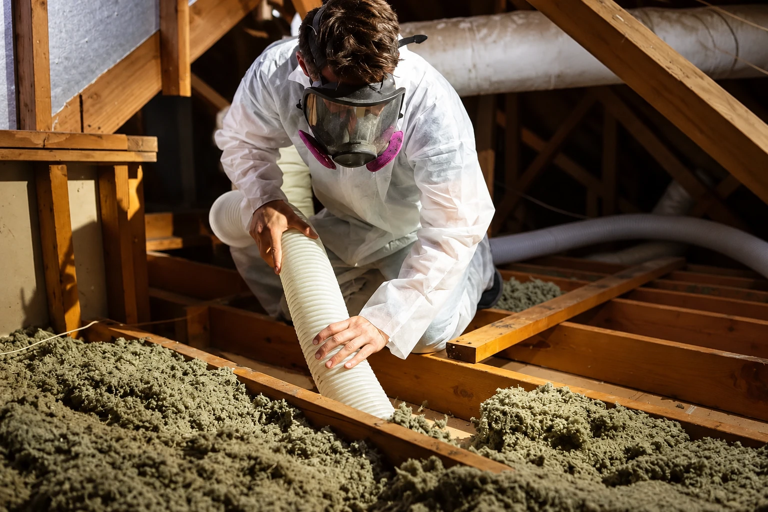 A worker in protective coveralls and a respirator uses a wide hose to remove loose attic insulation.