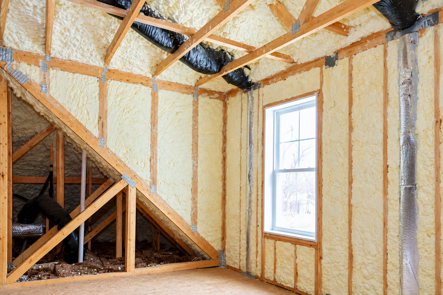 Open-cell foam insulation fills the exposed roof and wall framing of an attic, with a window and black ducts visible.