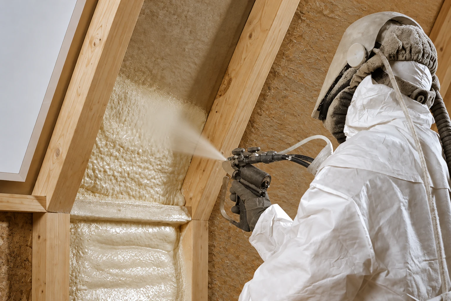 A worker in protective gear sprays pale foam insulation into the spaces between wooden wall studs.