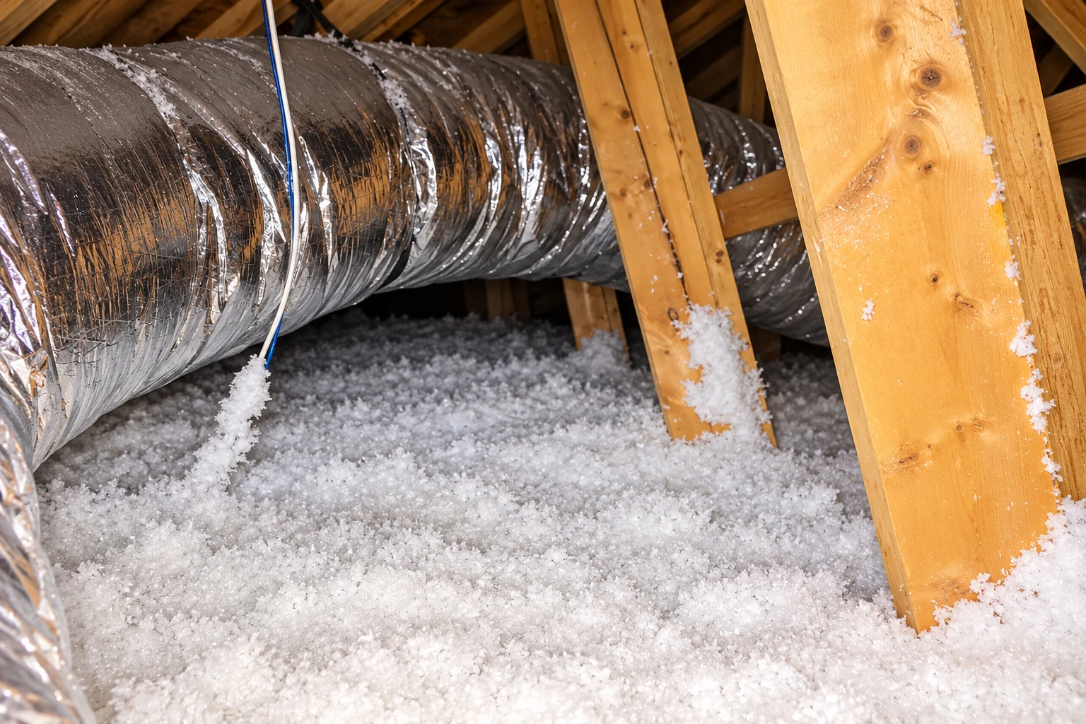 Blown-in insulation covers an attic floor beneath a large silver flexible duct and exposed wooden rafters.