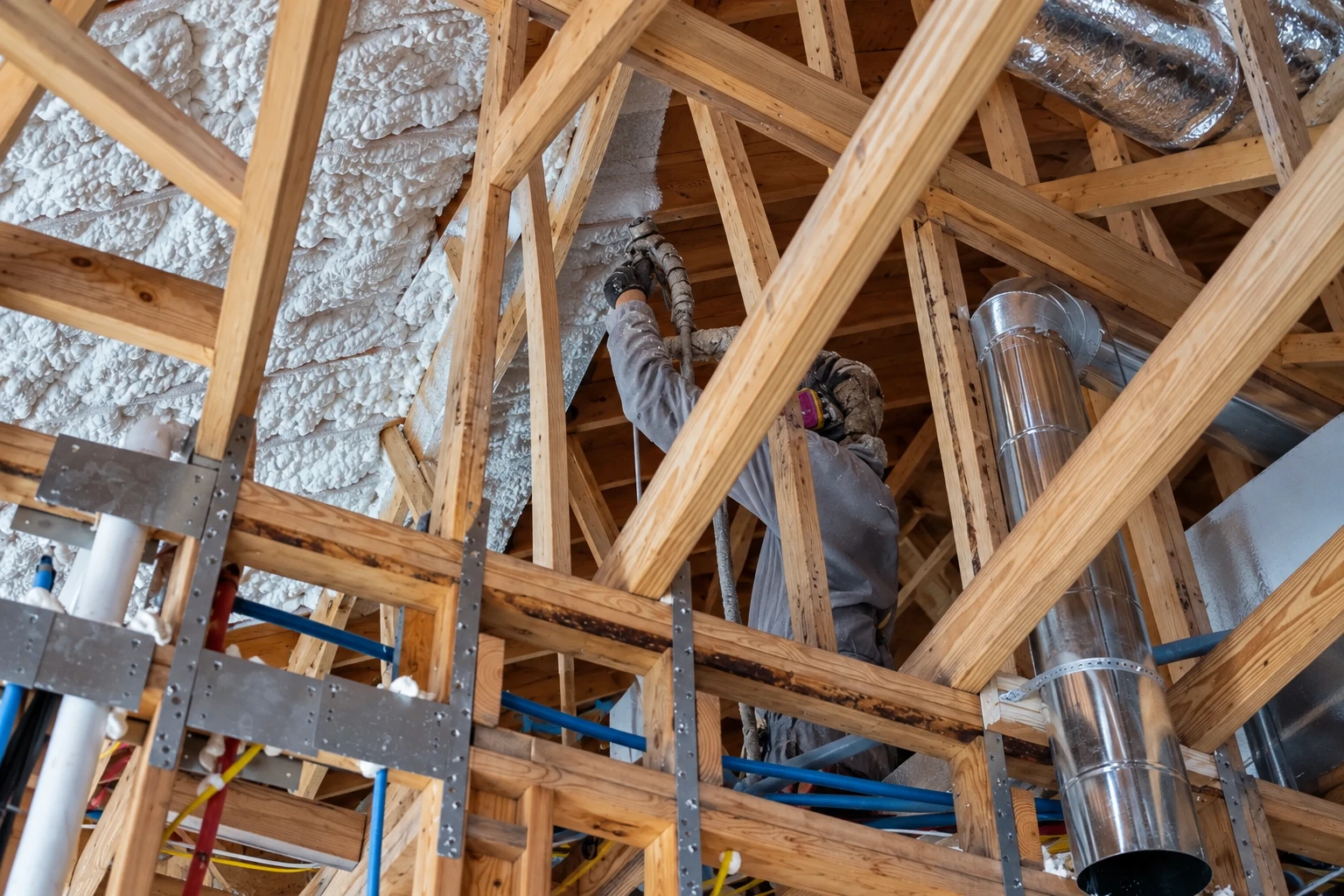 A worker in protective gear sprays foam insulation onto the rafters of a timber-framed attic.