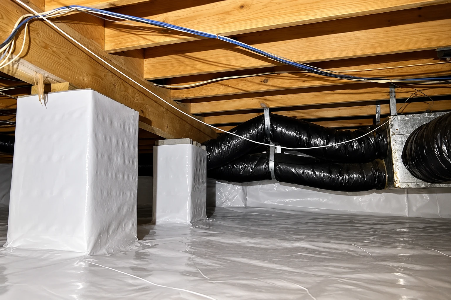 White vapor barrier sheeting covers a crawl space floor and support piers beneath wooden joists and black air ducts.